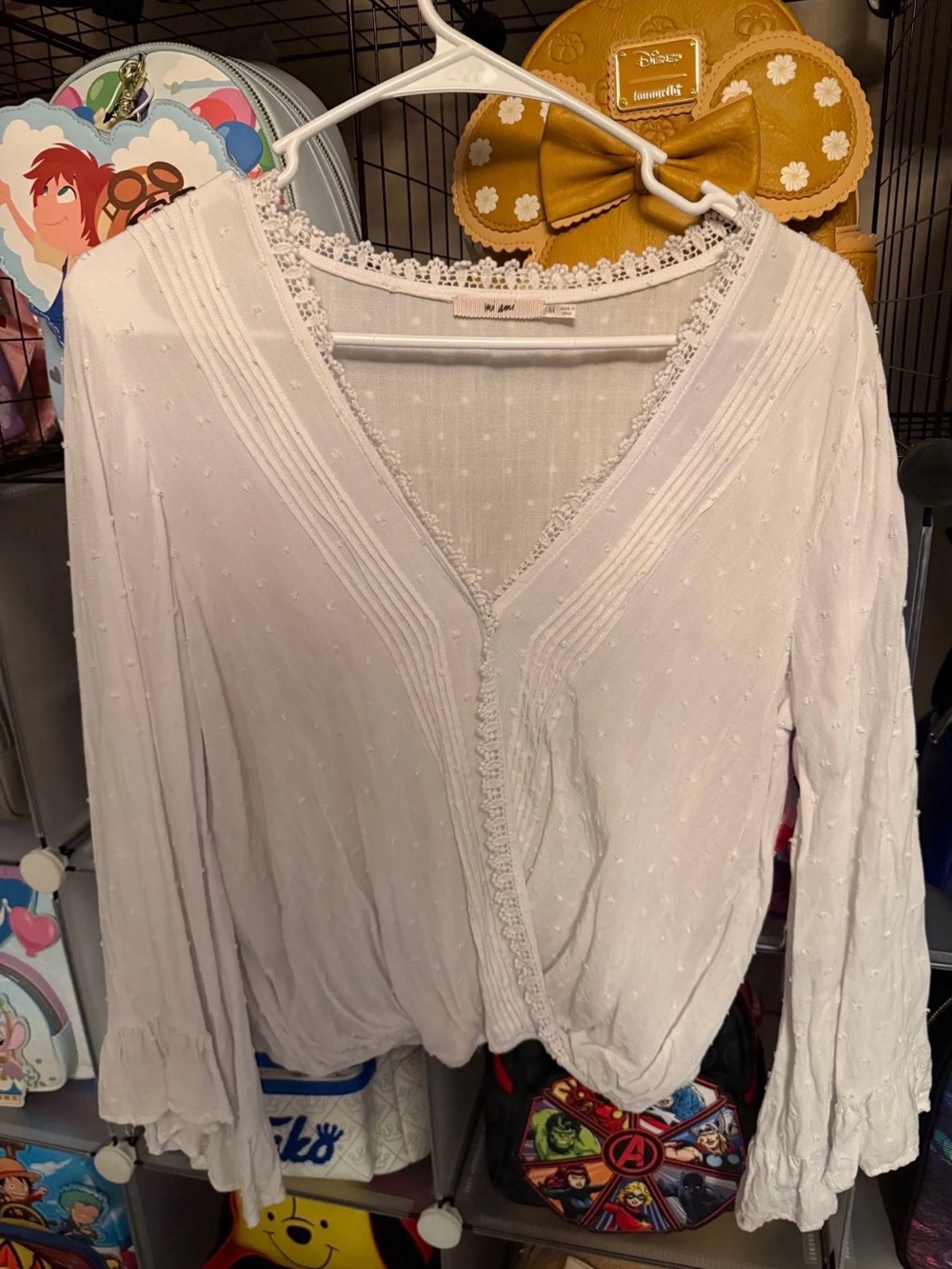 miami White V-Neck Pintuck Lace Trim Blouse